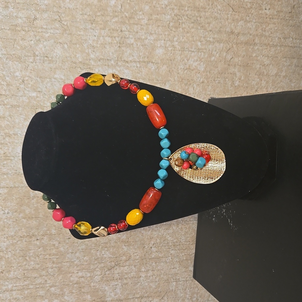 Colorful Beaded Necklace with Gold Pendant
